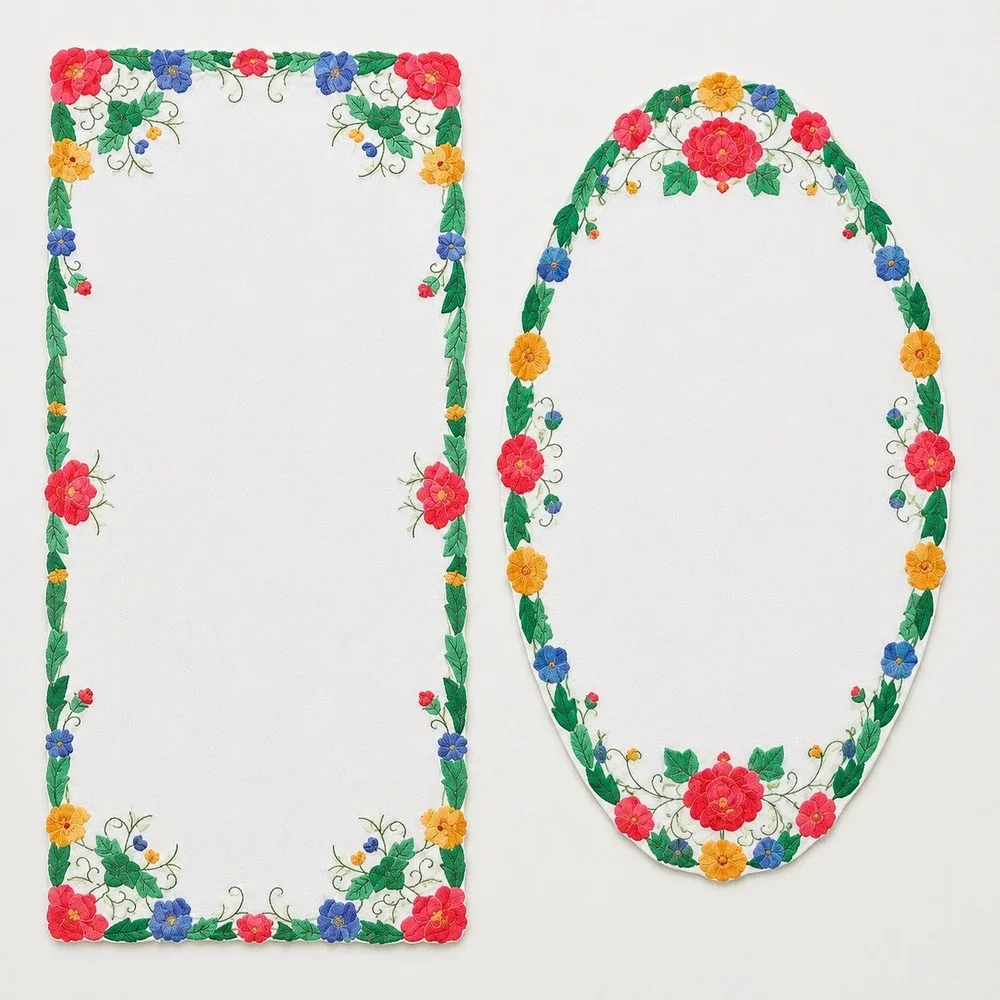 Vintage Embroidered Floral Table Runner & Oval Centerpiece Doily Set Cottagecore